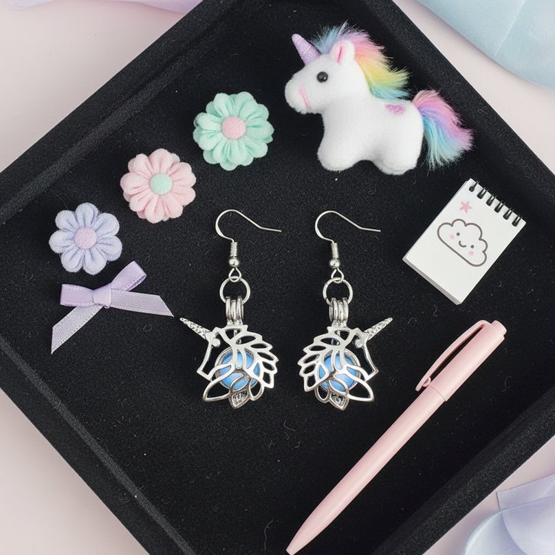 shiny unicorn earrings - flat-lay