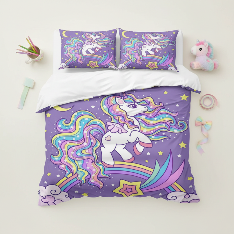 shooting star rainbow unicorn bedding - flat-lay