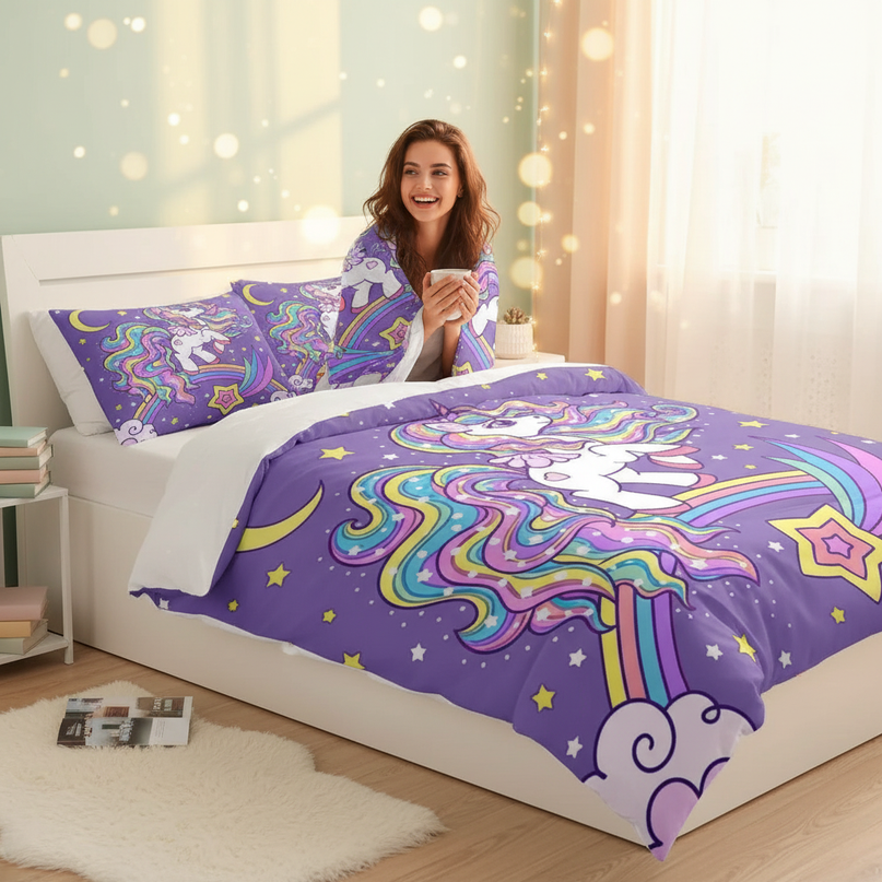 shooting star rainbow unicorn bedding - in-use
