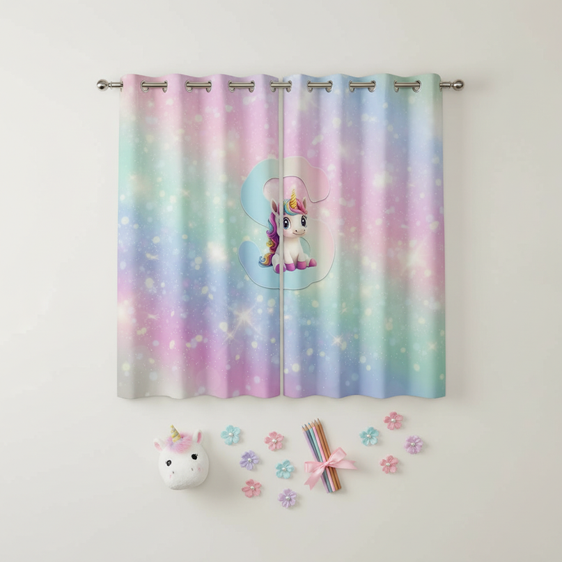 short unicorn curtains - flat-lay