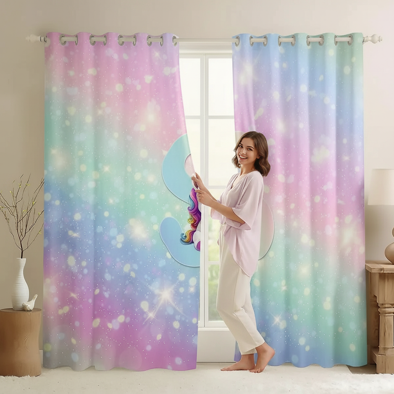 short unicorn curtains - in-use