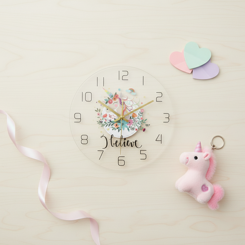 silent unicorn clock - flat-lay