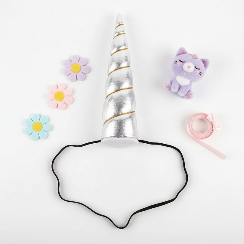 silver elastic unicorn horn - flat-lay