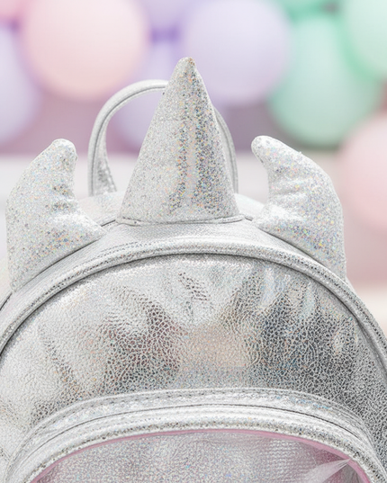 silver iridescent unicorn backpack - detail