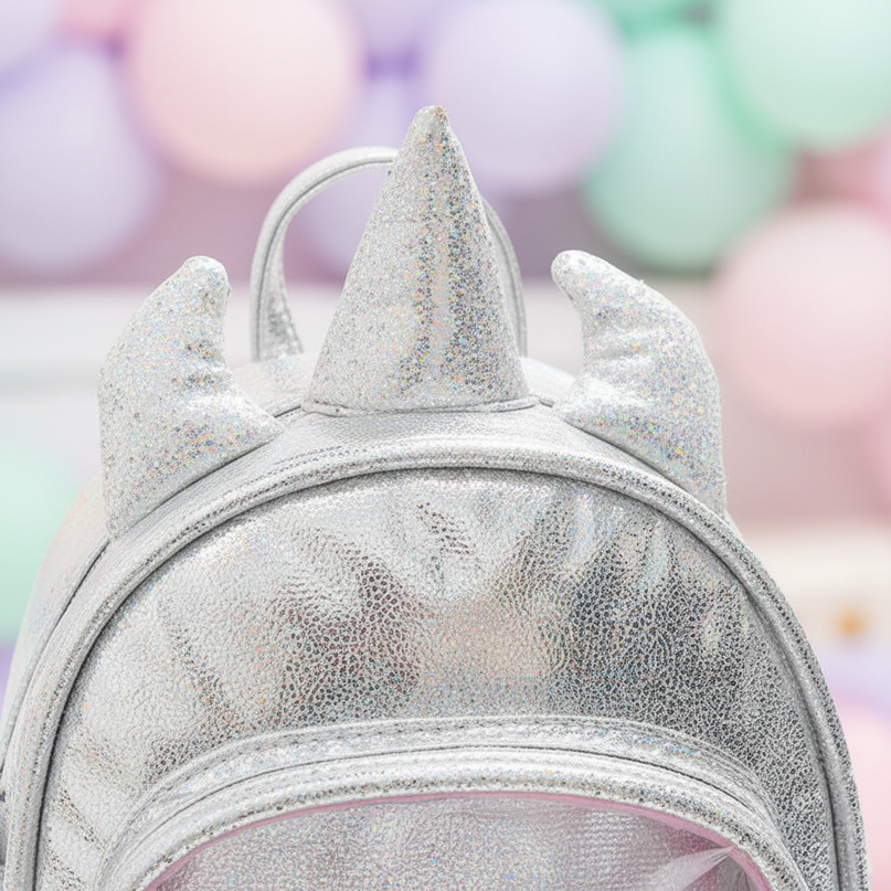 silver iridescent unicorn backpack - detail