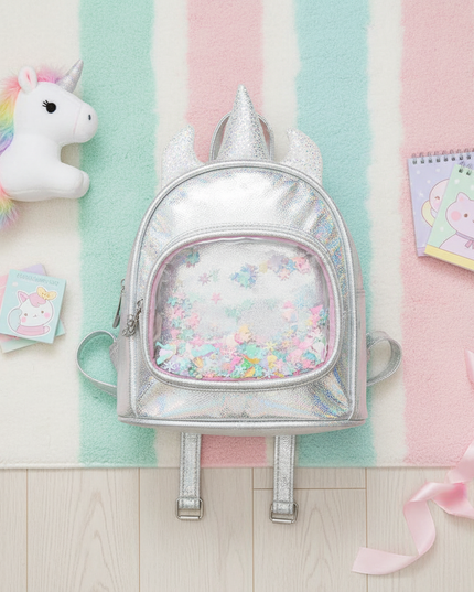 silver iridescent unicorn backpack - flat-lay
