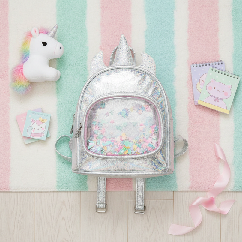 silver iridescent unicorn backpack - flat-lay