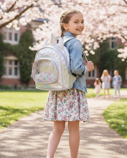 silver iridescent unicorn backpack - in-use