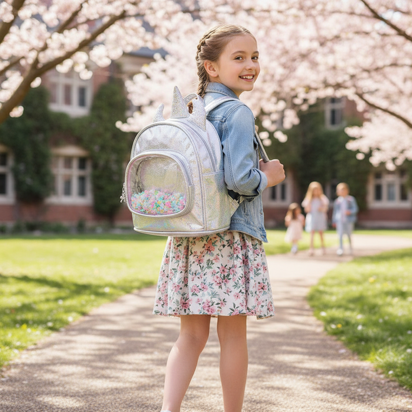 silver iridescent unicorn backpack - in-use