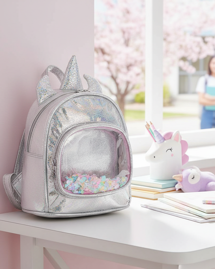 silver iridescent unicorn backpack - lifestyle