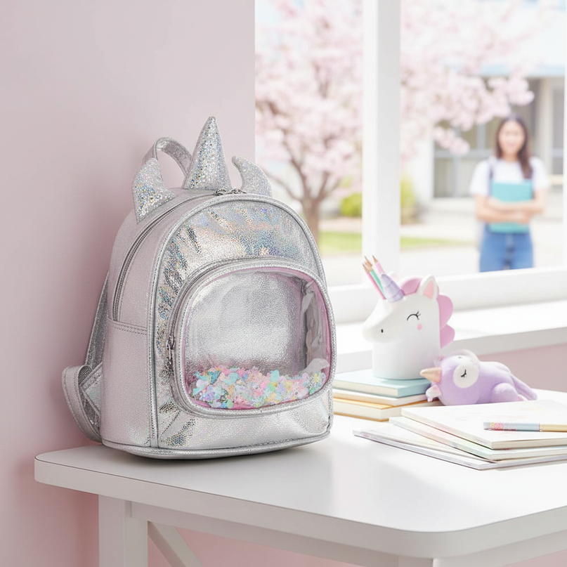 silver iridescent unicorn backpack - lifestyle