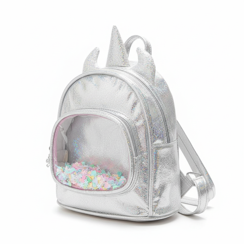 silver iridescent unicorn backpack - white-bg