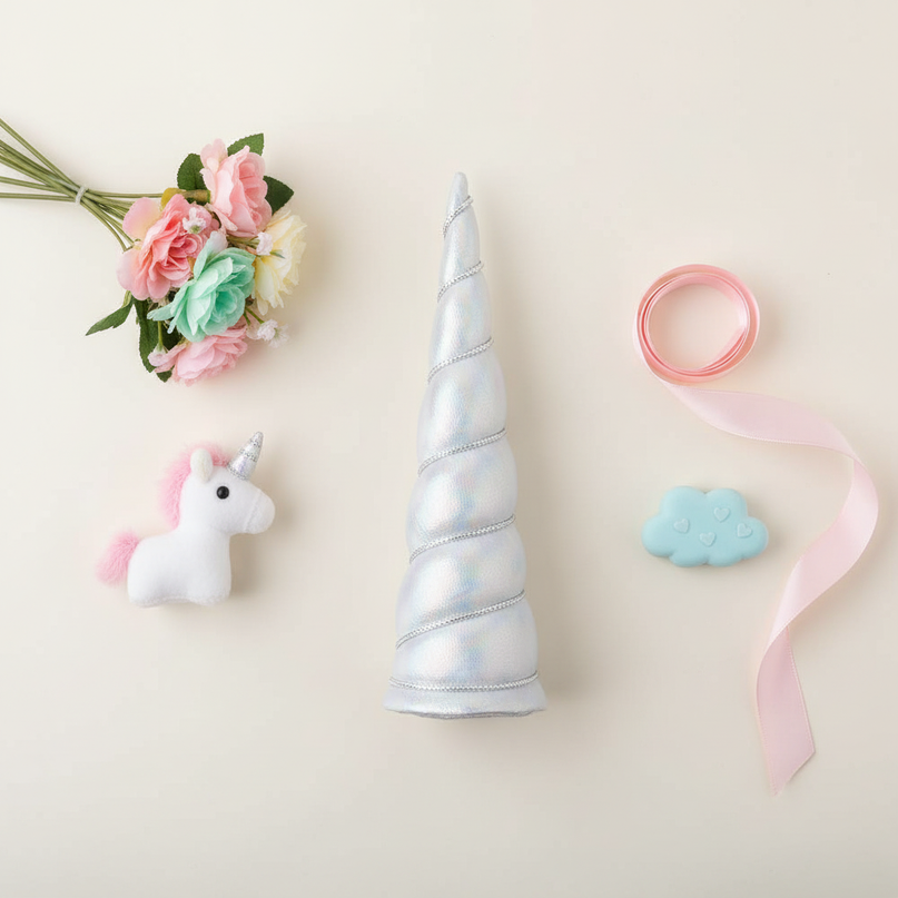 silver iridescent unicorn horn - flat-lay
