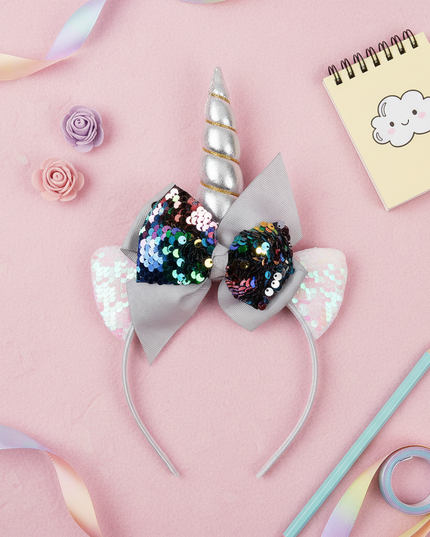 silver sequin unicorn headband - flat-lay