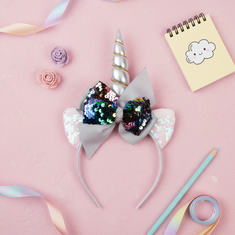 silver sequin unicorn headband - flat-lay