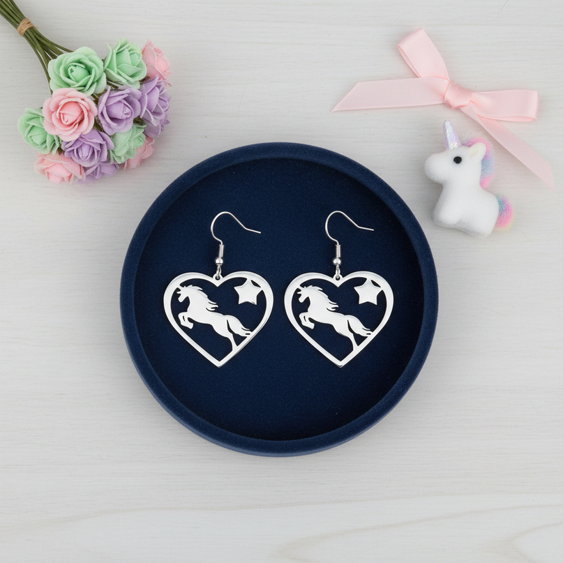 silver unicorn dangle earrings - flat-lay