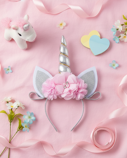 silver unicorn floral headband - flat-lay