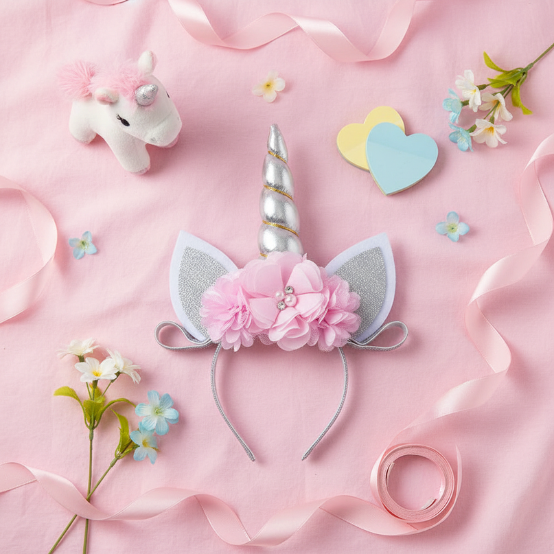 silver unicorn floral headband - flat-lay