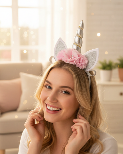 silver unicorn floral headband - in-use