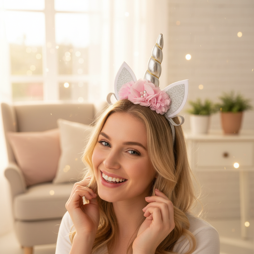 silver unicorn floral headband - in-use