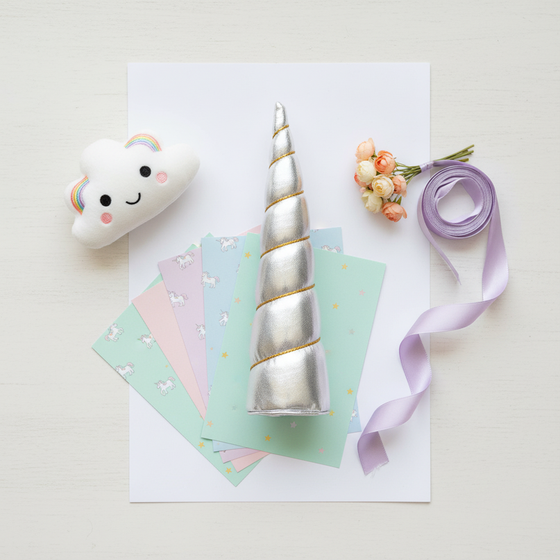silver unicorn horn 3 piece set - flat-lay