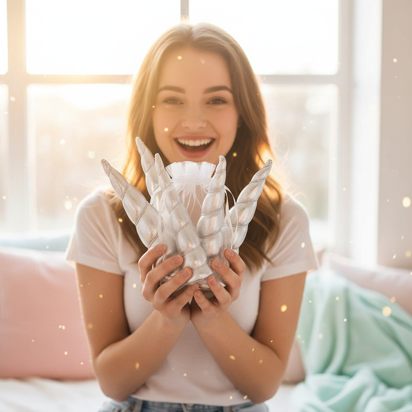 silver unicorn horn party pack - in-use