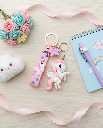 silver unicorn keychain - flat-lay