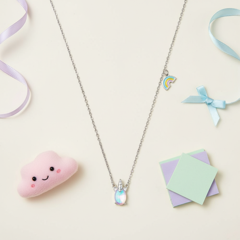 silver unicorn pendant - flat-lay
