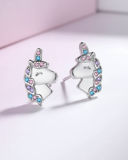 silver unicorn stud earrings - white-bg