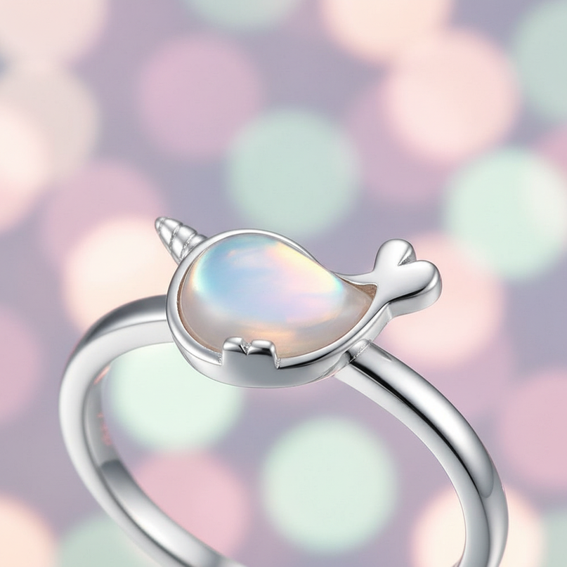 silver whale unicorn ring - detail