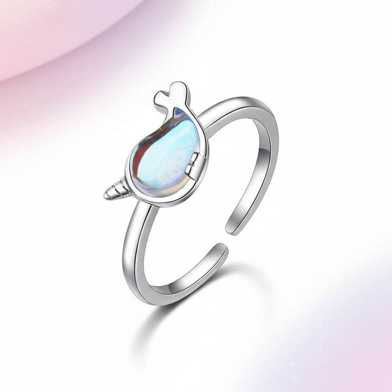 silver whale unicorn ring - white-bg