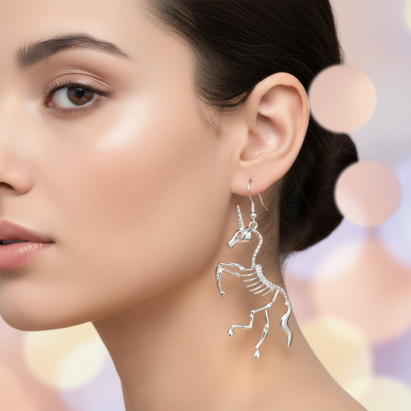 skeleton unicorn earrings - in-use