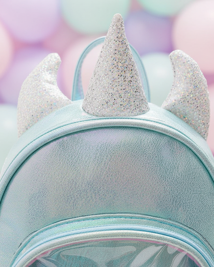 sky blue iridescent unicorn backpack - detail