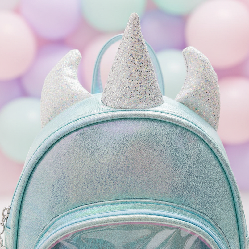 sky blue iridescent unicorn backpack - detail