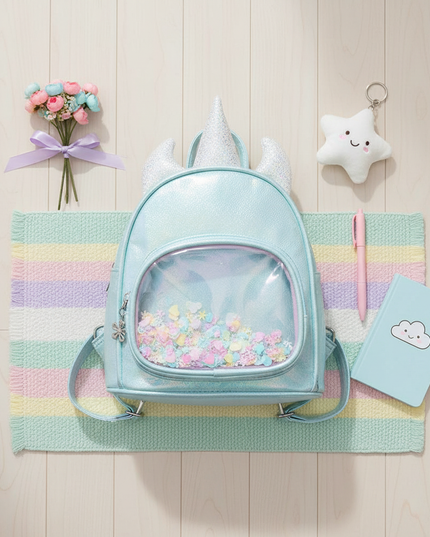 sky blue iridescent unicorn backpack - flat-lay
