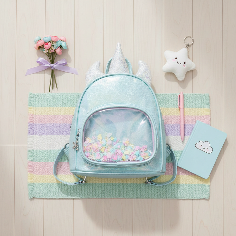 sky blue iridescent unicorn backpack - flat-lay