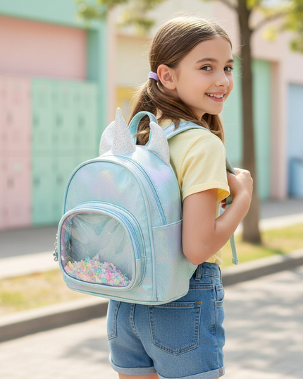 sky blue iridescent unicorn backpack - in-use