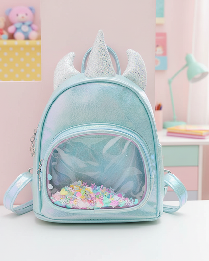 sky blue iridescent unicorn backpack - lifestyle