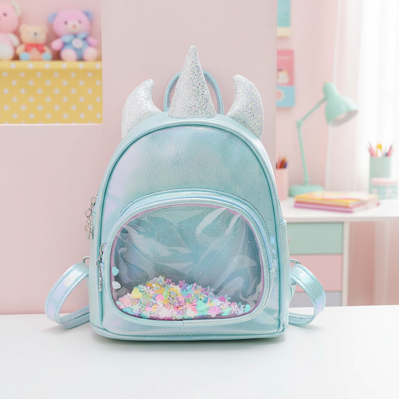 sky blue iridescent unicorn backpack - lifestyle