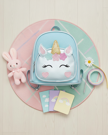 sky blue unicorn kindergarten bag backpack - flat-lay
