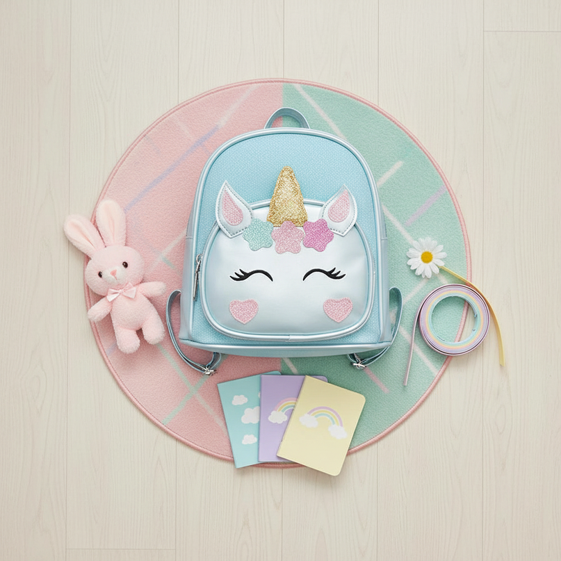 sky blue unicorn kindergarten bag backpack - flat-lay