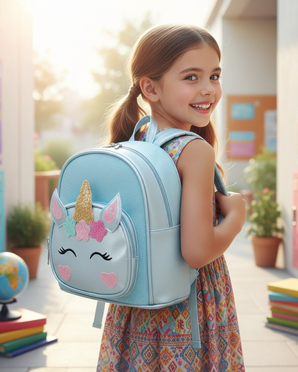 sky blue unicorn kindergarten bag backpack - in-use