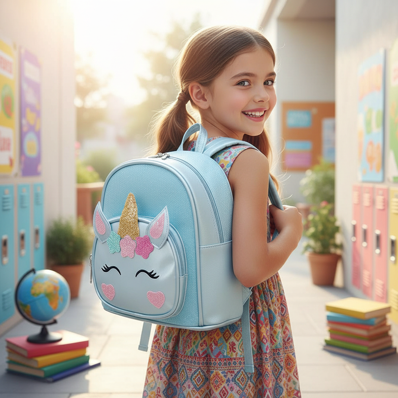 sky blue unicorn kindergarten bag backpack - in-use