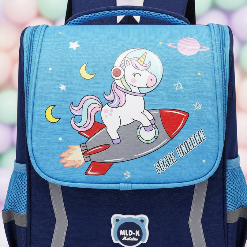 sky blue unicorn orthopedic backpack - detail