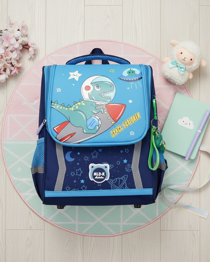 sky blue unicorn orthopedic backpack - flat-lay