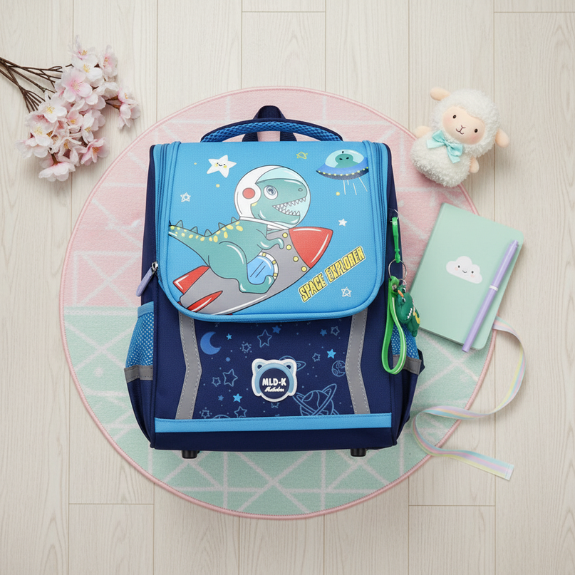 sky blue unicorn orthopedic backpack - flat-lay