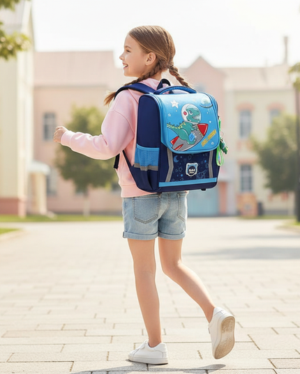 sky blue unicorn orthopedic backpack - in-use