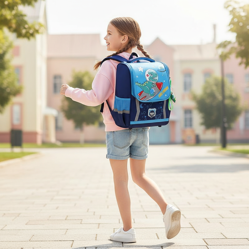 sky blue unicorn orthopedic backpack - in-use