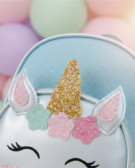 sky blue unicorn school backpack custom - detail