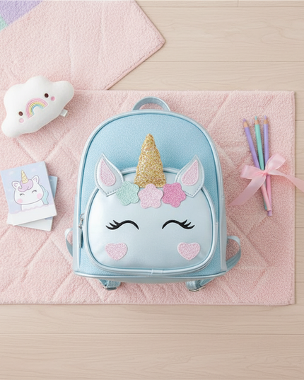 sky blue unicorn school backpack custom - flat-lay
